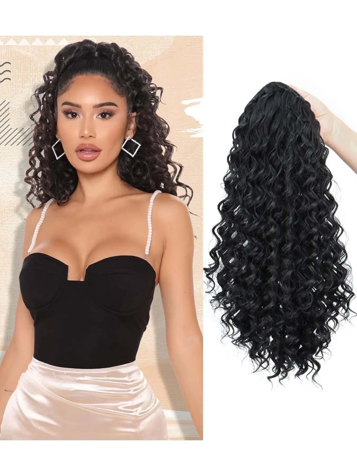 18 Inch Water Wave Drawstring Ponytail Hair Extensions for Women, Synthetic High Temperature Fiber Curly Fake Ponytail, Wrap Around Clip In Ponytail Hairpiece, 130g Natural Curly Ponytail Extension For Daily Party Hairstyle