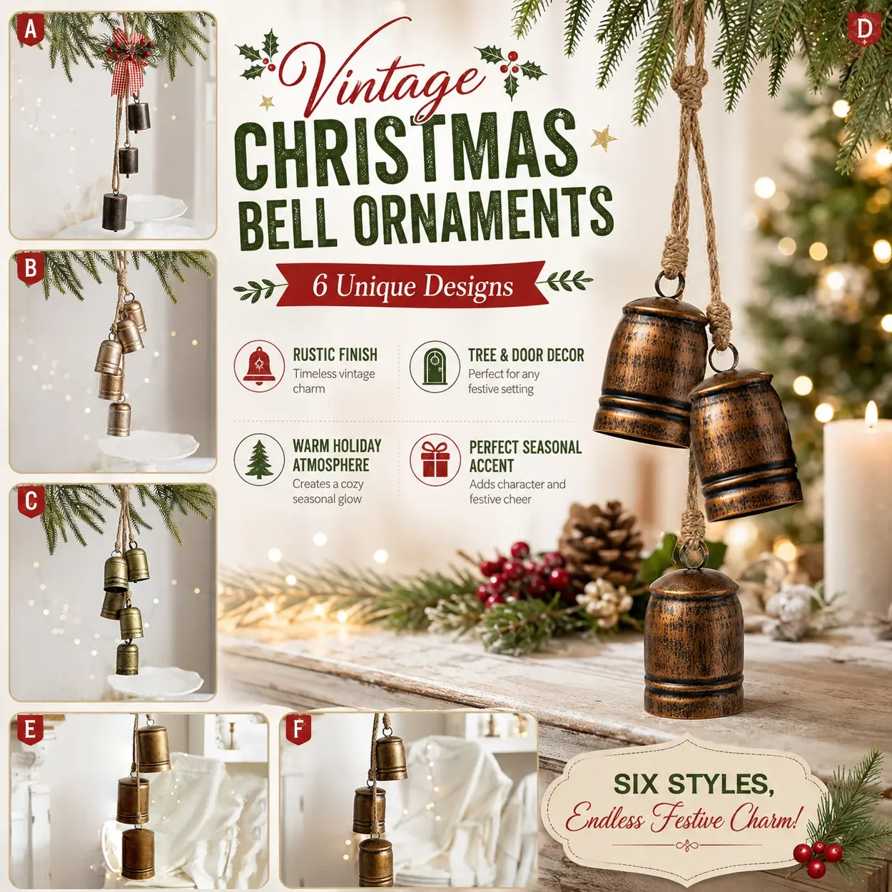 Vintage Christmas Bell Collection, Farmhouse Holiday Hanging Bells with Rustic Metal Look, Jute Rope Loop and Easy Hang Design, Ideal for Door, Wall, Mantel, Porch, Christmas Tree and Cozy Seasonal Home Party Decoration