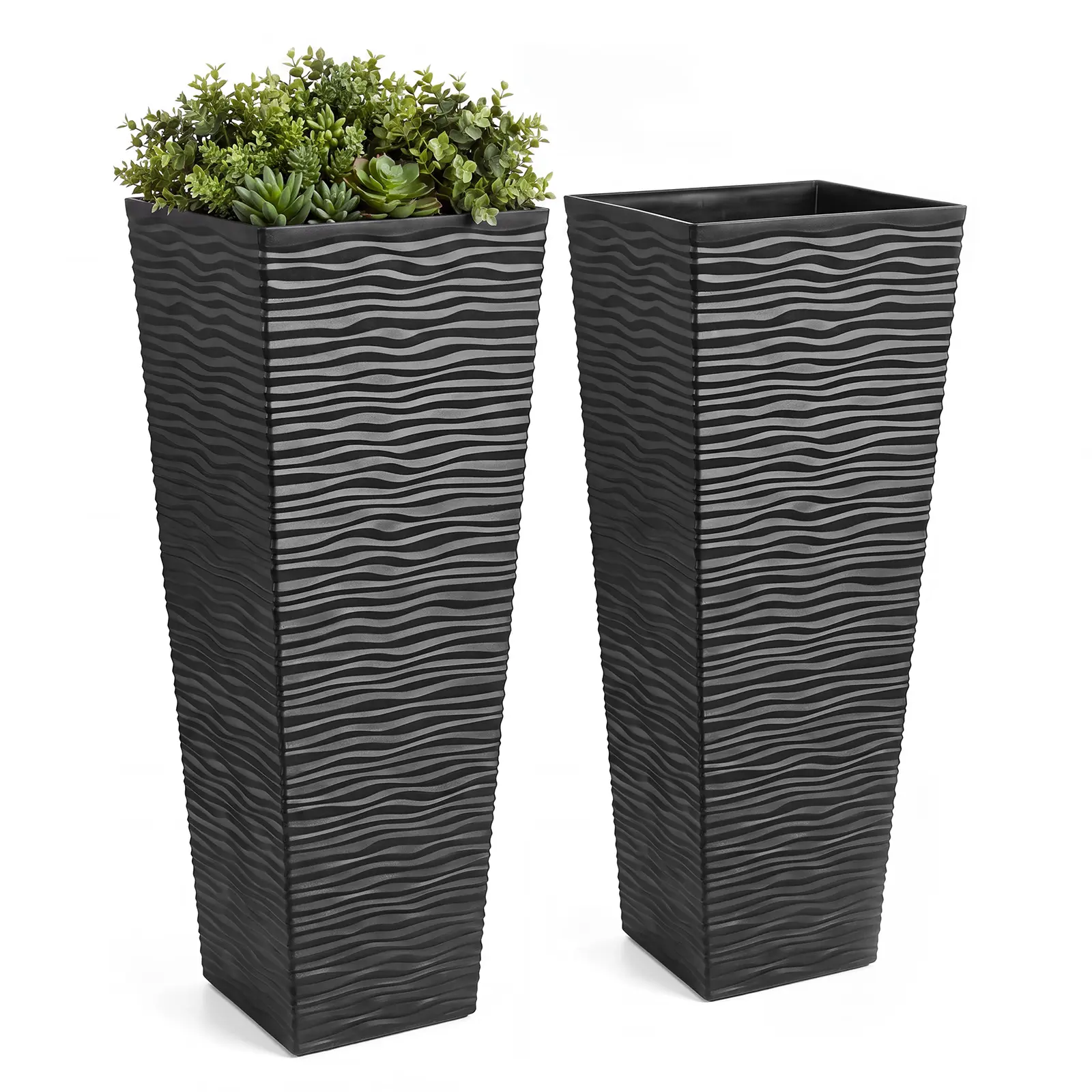 2-Piece Set Pack Tall Rectangular Modern Outdoor Planters, 24 in Large Garden Planter Boxes with Removable Liners for Patio Porch, Modern Home Decor Indoor/Outdoor Plant Pots