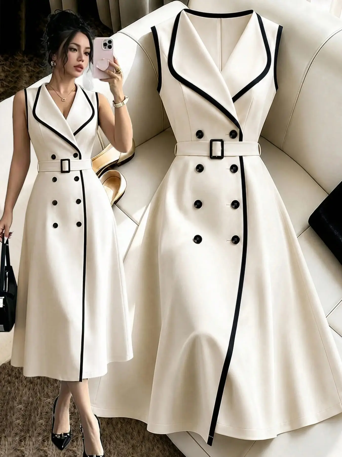 Elegant Women's Office Style A-Line Dress, Peach Color Sleeveless Double Button Coat with Belt, Slim Fit, High Waist, Versatile for Work and Events