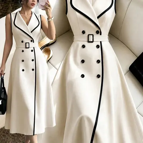 Elegant Women's Versatile Office Style Slim Fit High Waist Sleeveless Dress for Work and Events, Double-Button Design with Belt