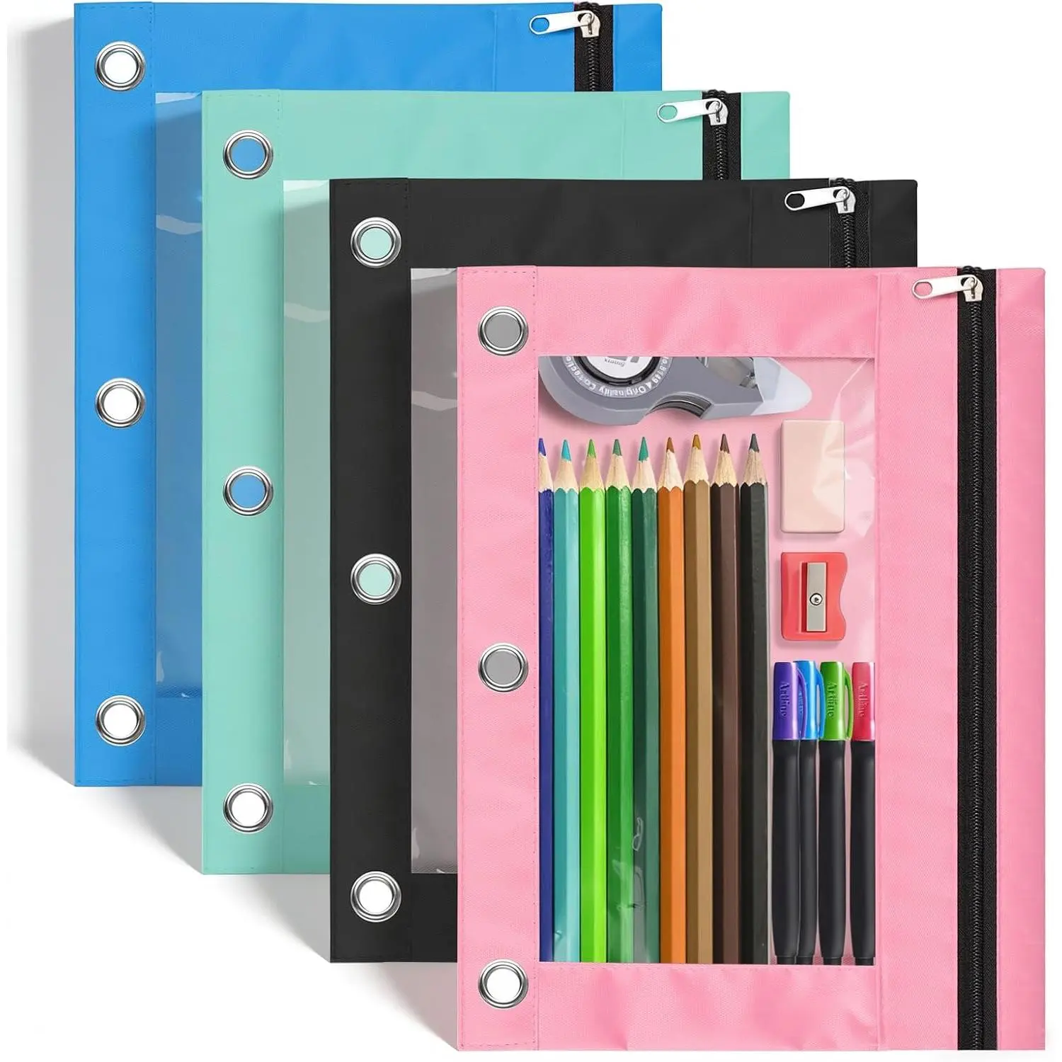 Pencil Pouch for 3 Ring Binder, 4 Pack Colorful Binder Pencil Pouch with Clear Window, Sturdy and Durable Oxford Cloth Binder Accessories for Office School Supplies