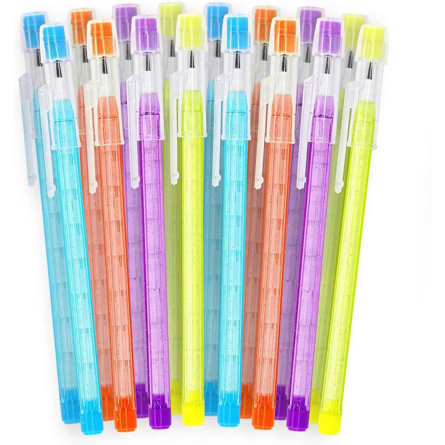 HB #2 Bright Colors Translucent Multipoint Non-Sharpening Stackable Pencils with Matching Erasers (Pack of 16) - Pre-Sharpened Office Stationery for Students, Office Professionals