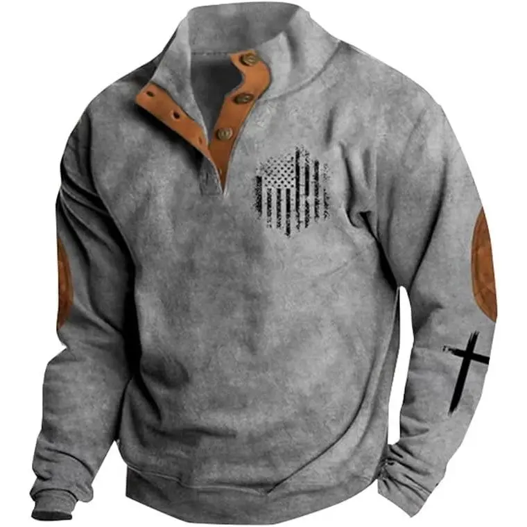 American Flag Sweater for Men Christian Faith Cross Graphic Sweatshirt Jesus Sweatshirts with Elbow Patches