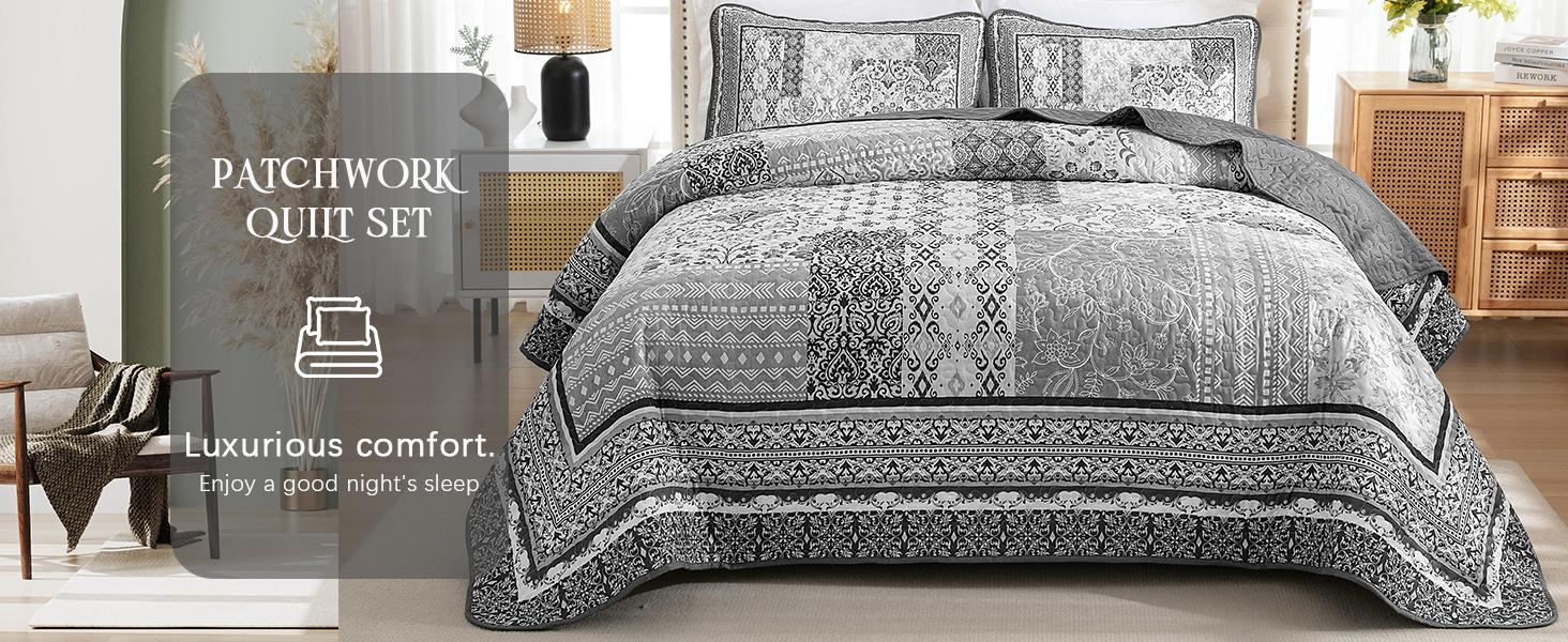Grey Set King Size,Bohemian Floral Patchwork Bedspread Coverlet Set, Soft 3 Pieces Boho Bedspreads Bedding Set for All (104"x90") Grey Set King Size,Bohemian Floral Patchwork Bedspread Coverlet Set, Soft 3 Pieces Boho Bedspreads Bedding Set for All (104"x90")