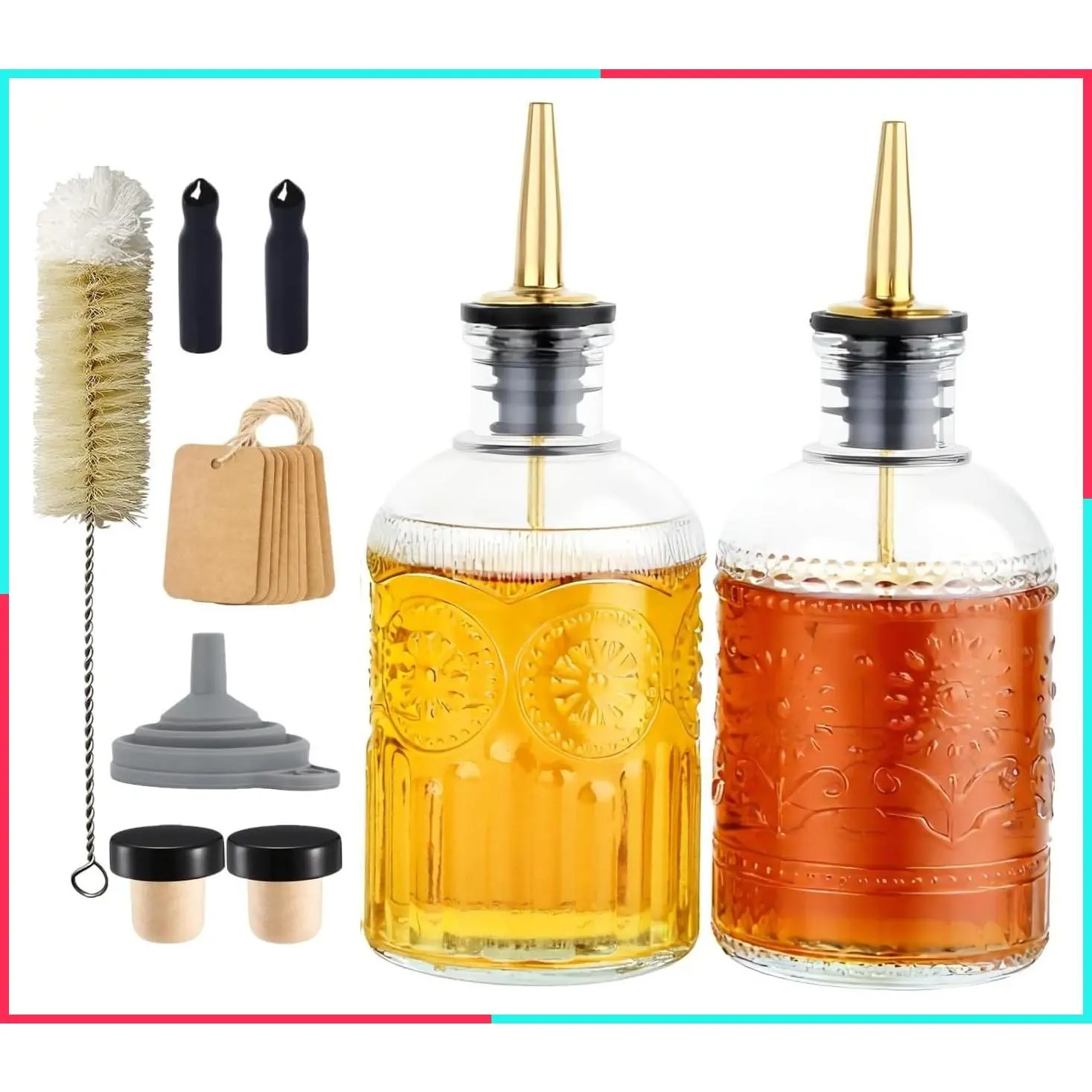 Simple Syrup Bottles Set of 2, Glass Coffee Syrup Dispenser 7 OZ with Metal Pour Spout, Labels & Stopper for Maple, Honey, Oil and Sauces