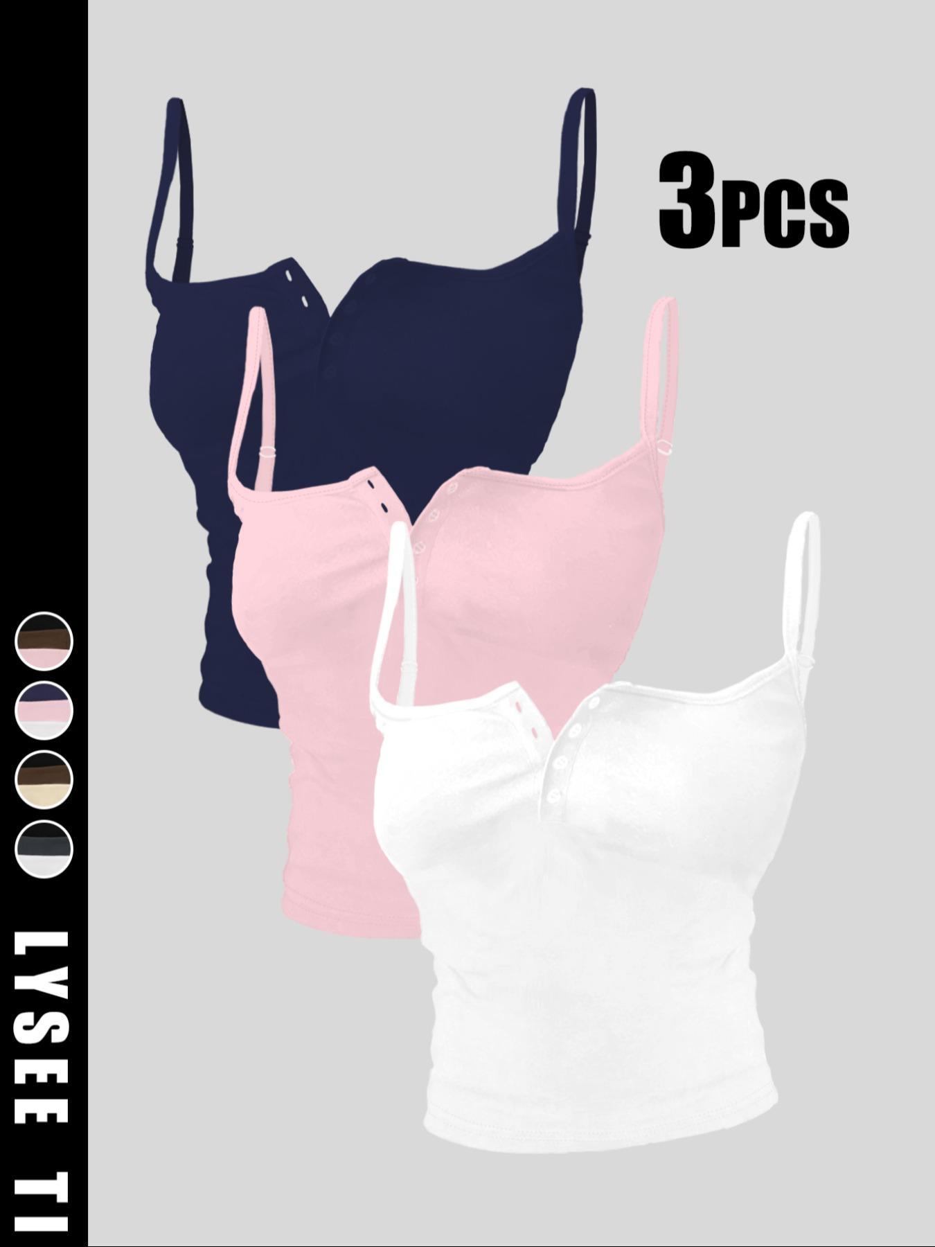 3pcs women's casual fashion sports multi button round neck solid color suspender top mixed three piece set