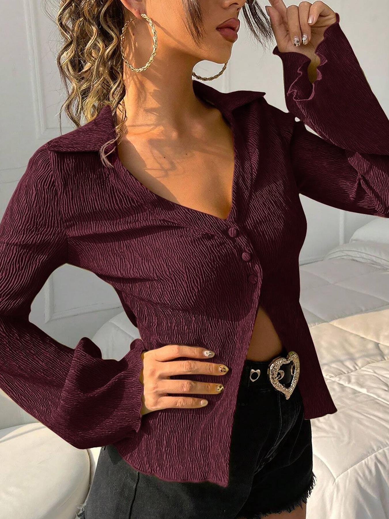 Women's Solid Color Fitted Flared Bell Sleeve Blouses & Shirts, Casual Elegant Long Sleeve Top for Daily Wear, Ladies Clothes for All Seasons