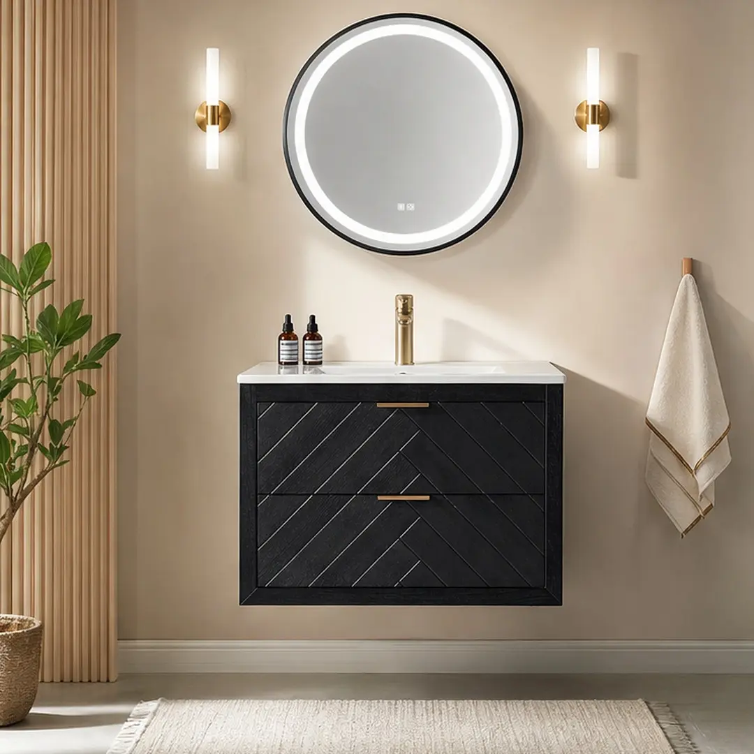 30-Inch Black Wall-Hanging Floating Single Bathroom Vanity Cabinet with Ceramic Sink, Wood & MDF Build, Dual Drawers, Dark Finish Deep Wall Cabinets, Drawer Organization, Space-Saving, Fully Assembled, Easy Install