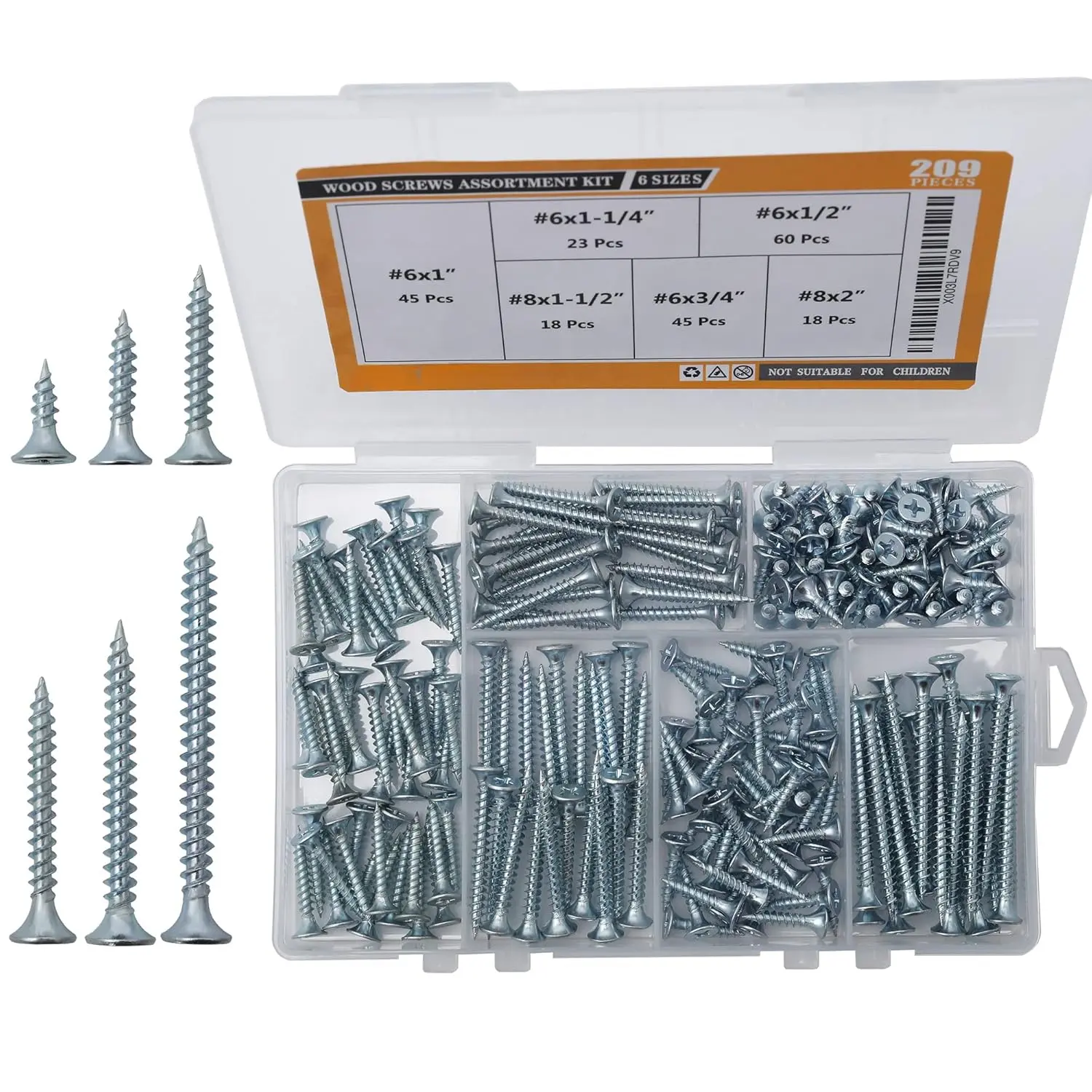 209pcs Carbon Steel Wood Screw Assortment Kit, 6 Flat Head Phillips Inches Sizes (0.5",0.75",1",1.25",1.5",2") - Rustproof, Handy Storage Case for Home Improvement, Furniture Fixing, Plasterboards