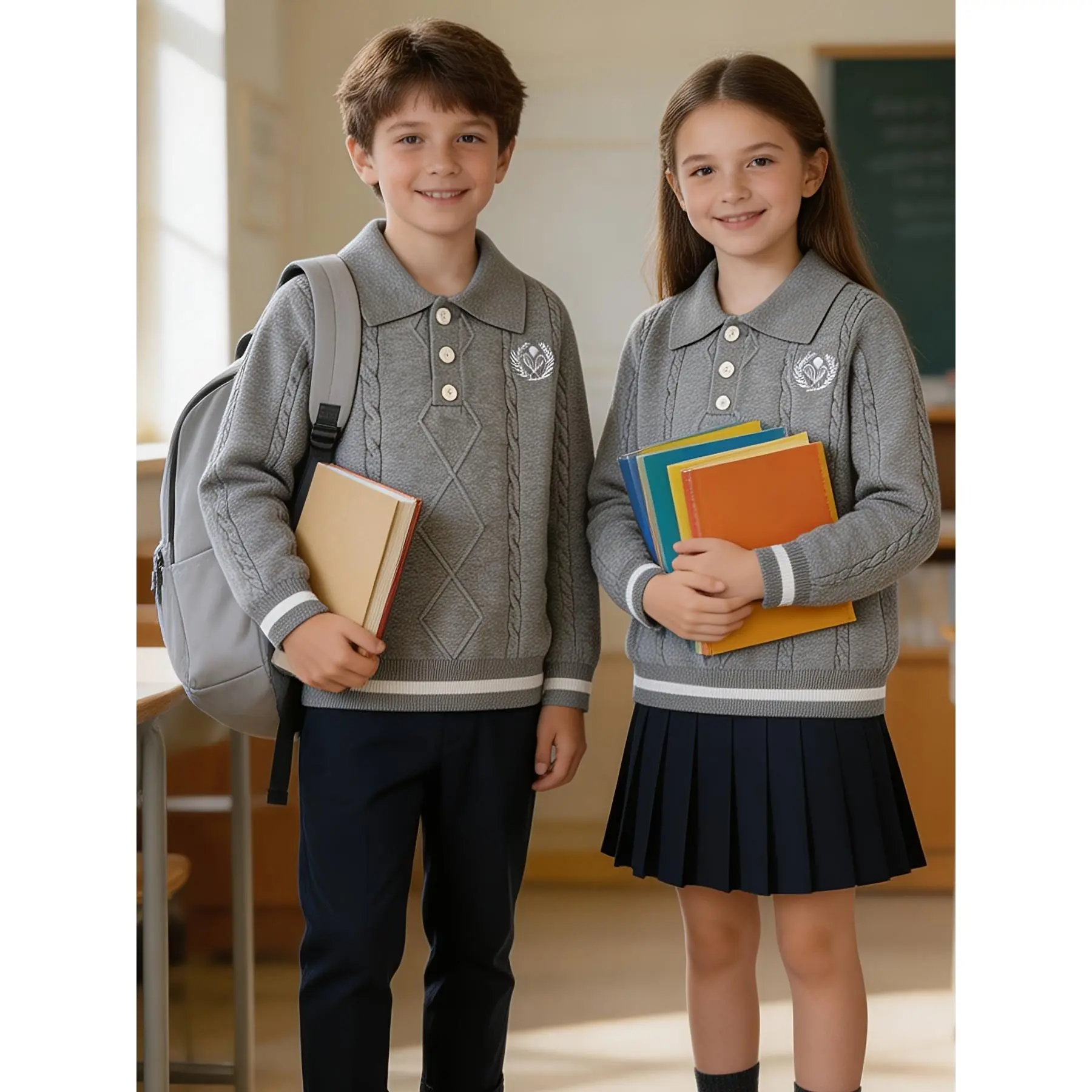 Boys' and Girls' Sweater, Academic British Campus Style, Boys' Long-Sleeve Knitwear, Three-Button Turn- Collar with Cable Knit Texture and Embroidered Badge, Children's Warm Sweater