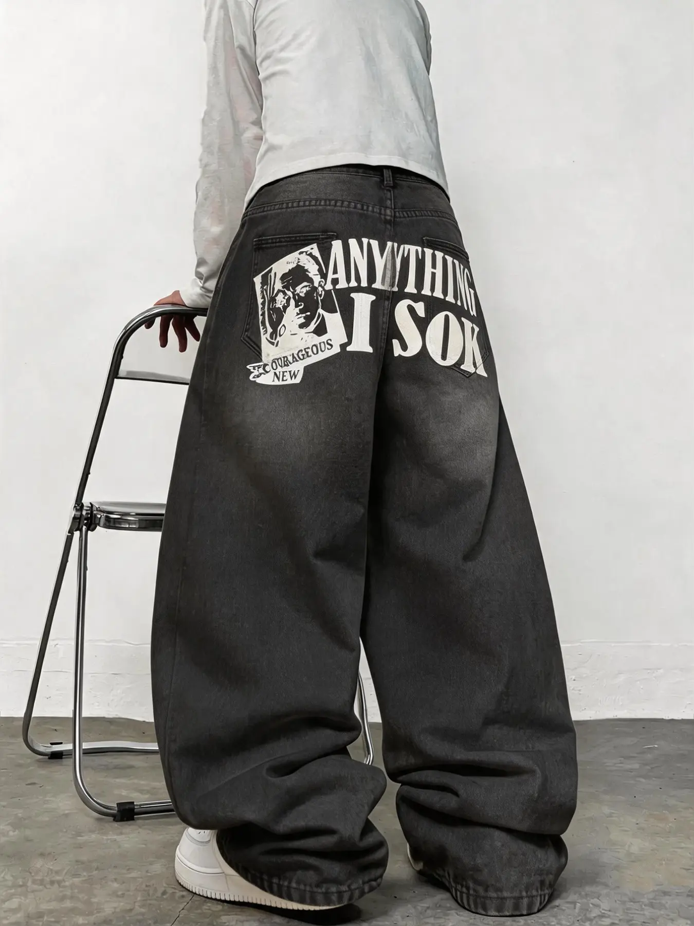Men's Loose-Fit Embroidered Jeans, Street Style Wide-Leg Pants, All-Season Casual Wear, Plain Surface, No Lining, Batch Number 16888888