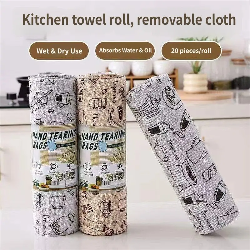 20 Sheets (1 Roll) Disposable Kitchen Cleaning Paper Towels, Thick Tear-Resistant Dish Cloths, Washable Wet/dry Cleaning Wipes, Strong Absorbent Home Cleaners