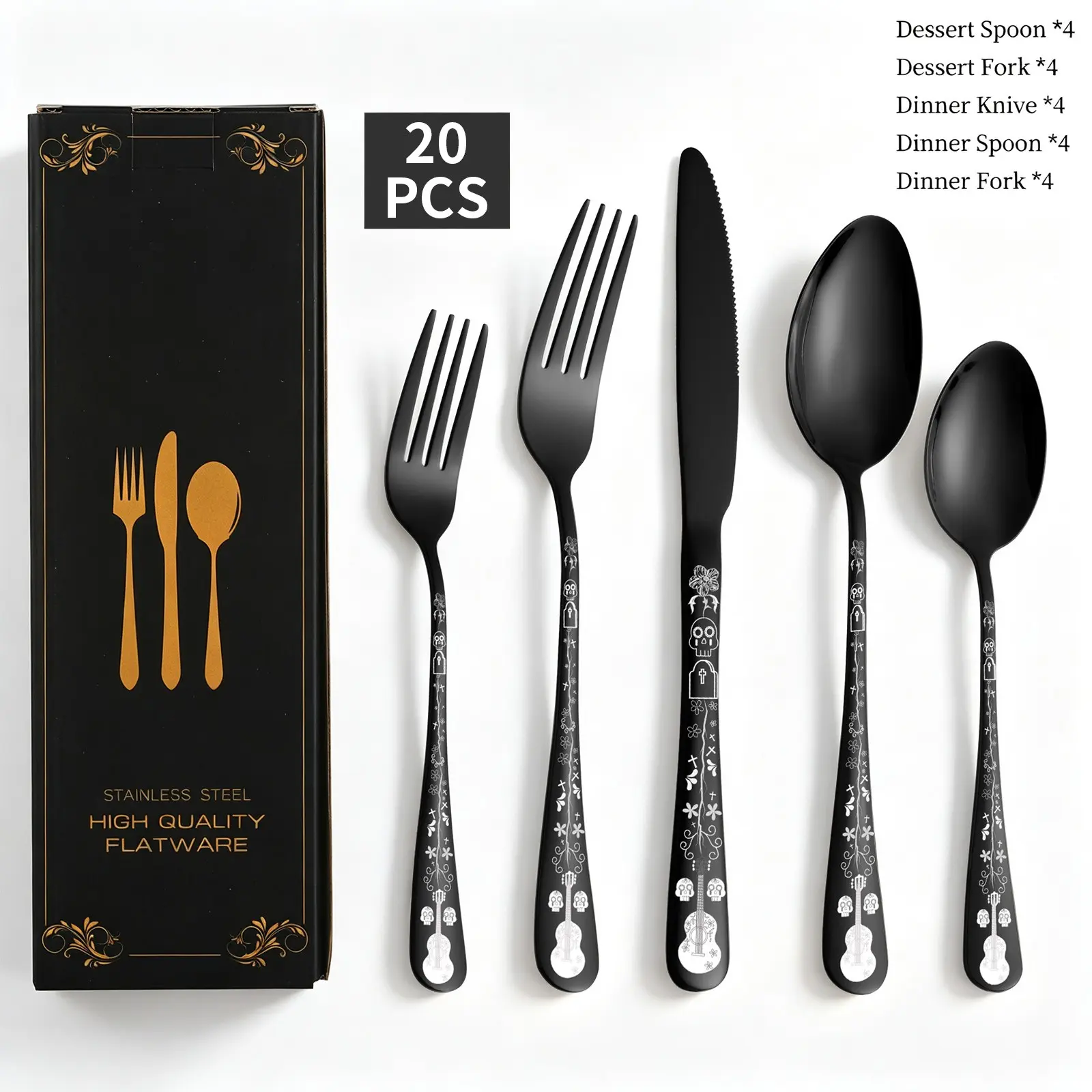 Skull Black Silverware Set for 4, 20-Piece Black Flatware Set, Gothic Skeleton Cutlery for Decoration, Halloween, Christmas, Party, Gift, Housewarming