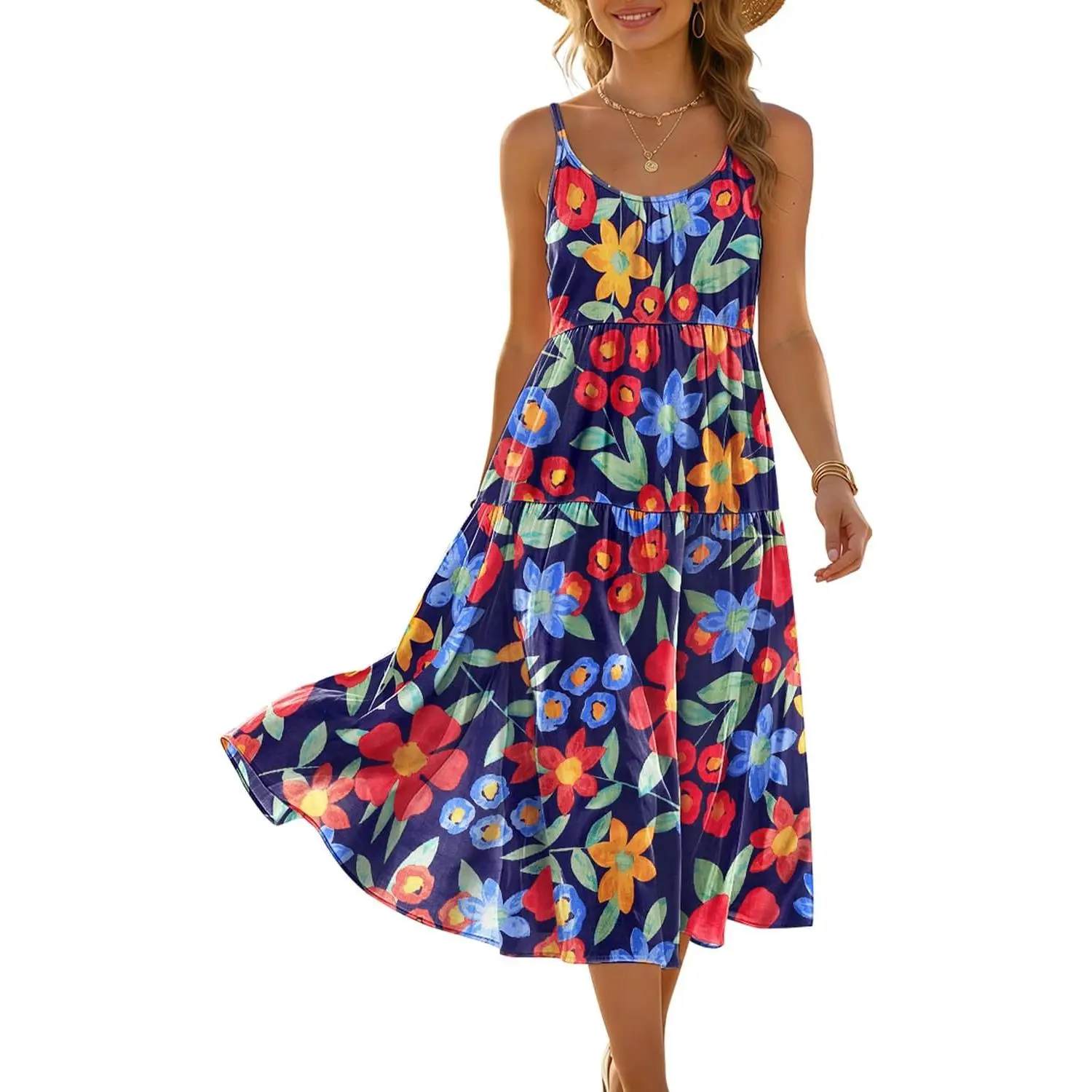 Women's Sleeveless Adjustable Spaghetti Strap Boho Casual Comfy Bohemian Floral Print Midi Sundress, Casual Wear Flowy Beach Dress with Pockets ESS