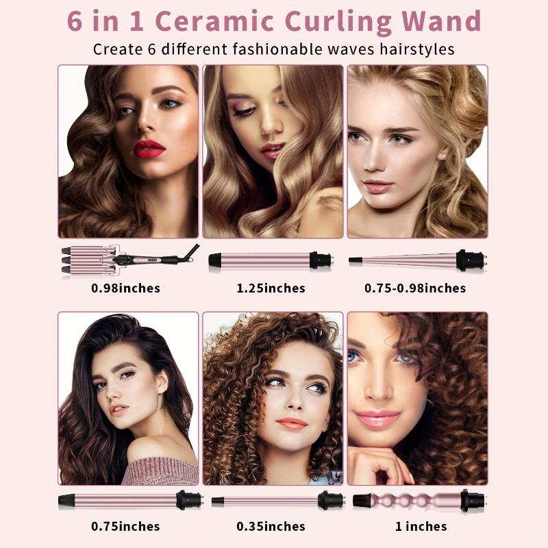 6in 1 Curling Iron, 3 Barrel Curling Iron Set with Curling Brush (1.5inch) And 5 Interchangeable Ceramic Curling Wand(0.35"-1.25"), Curling Hair, Salonquality Curls, Hair Styling Tool, Sleek Design, Professional Curling Wand, Ceramic Coated
