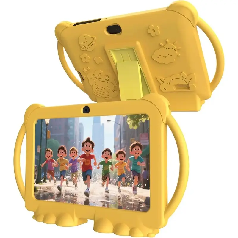 Tablet 7 inch Android 12.0 for, 4GB RAM 32GB ROM Bluetooth IPS Screen Parental Control Dual Camera Shockproof Case for Educational Games (Yellow)