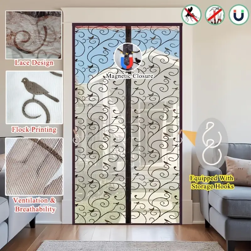 Magnetic Screen Door, Velvet Polyester Fiber 3D Pattern, Pet-Friendly, Free Access, Suitable for Living Room, Balcony, 1pc