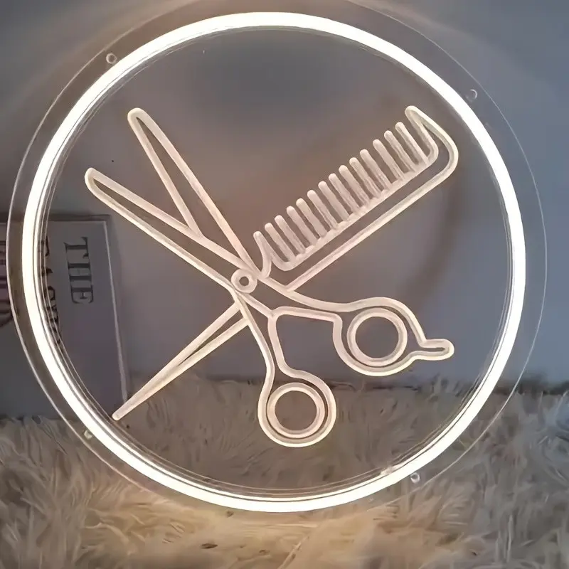 USB Powered LED Neon Sign, Adjustable Brightness, Hair Salon Decor, Comb and Scissors Design, Ideal for Barbershops and Beauty Salons