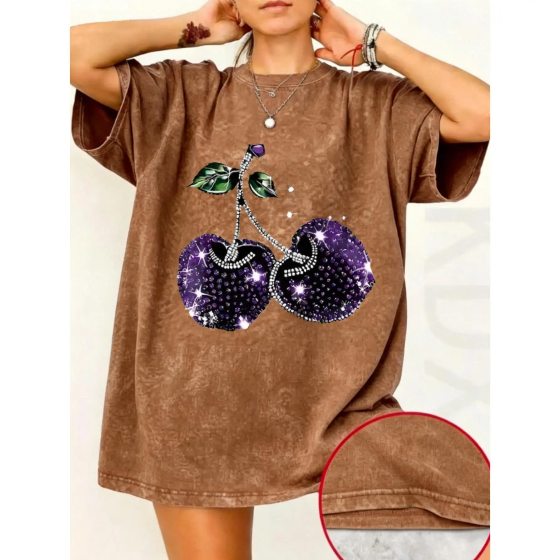 Plus Size Oversized T-Shirt, Women's Vintage Washed Cotton Top with Cherry Rhinestones, Short Sleeve Round Neck Casual Tee, Shortsleeve Grunge Graphic Album Lever Action Rifle Cool Meme Mii Need Cigarette Deftones Tour newport Men's Long Waffle Henley