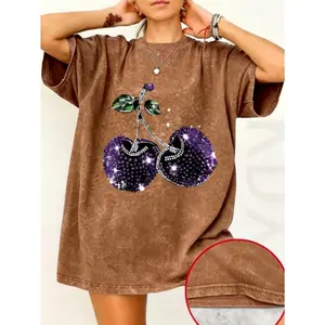 Plus Size Oversized T-Shirt, Women's Vintage Washed Cotton Top with Cherry Rhinestones, Short Sleeve Round Neck Casual Tee, Shortsleeve Grunge Graphic Album Lever Action Rifle Cool Meme Mii Need Cigarette Deftones Tour newport Men's Long Waffle Henley