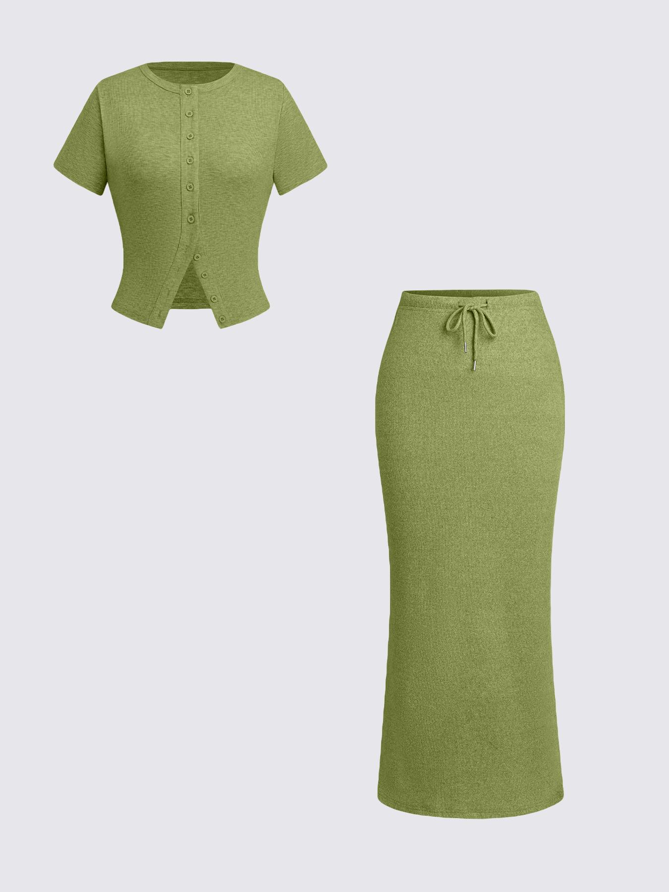 Women's Solid Basic Button Front Tee & Drawstring Split Hem Skirt Two-piece Set, Casual Short Sleeve Round Neck Top & Skirt for Daily Wear, Ladies Two-piece Outfits for All Seasons, Matching Clothing Set Women