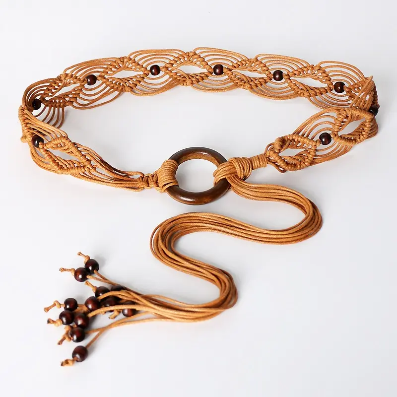 Unisex Handmade Wax Cord Wide Belt - 5-Color, 125cm, Polished Wooden Beads, Wide Needle Adjustable Buckle, Lightweight All-Match Adults' Fashion Accessory for Boho Outfits, Casual Wear, Waist Chains, Adjustable Buckle Women's Belts, Wood Beads