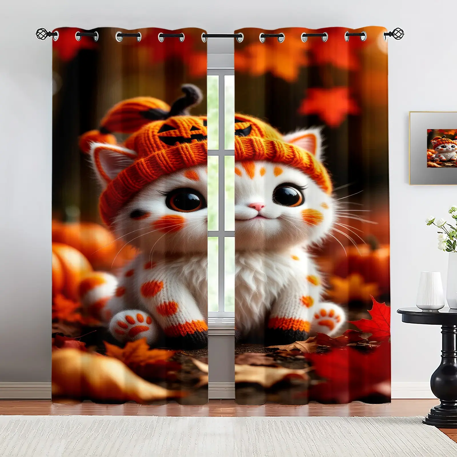 Halloween kitten-print curtains—cute, sweet-style blackout curtains featuring a blend of "sweet-cool" and dark aesthetics. Suitable for living rooms, bedrooms, and studies; sold as a two-panel set; detachable and machine-washable.