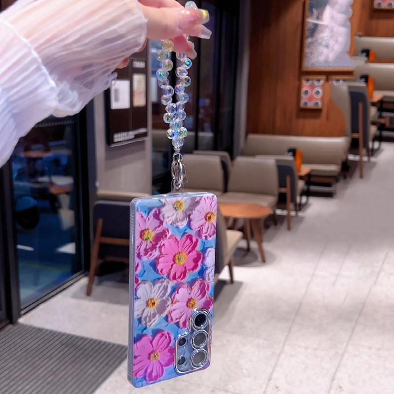 For S25/24/23/S22 blue light oil painting Green and Pink flower shell anti fall protective cover  HN201