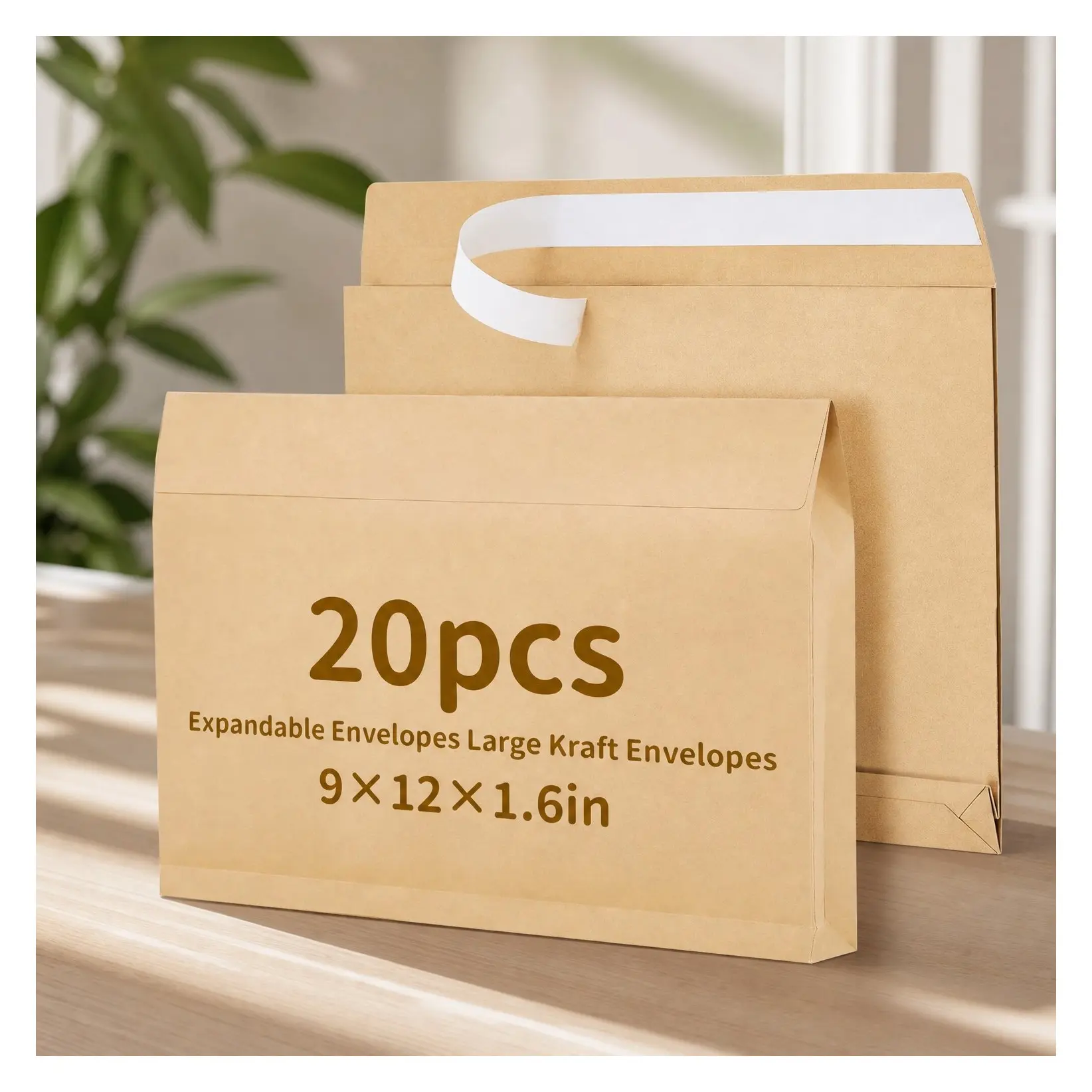 20 Pcs 9 x 12 x 1.6 Inch Large Expandable Catalog Envelopes, Manilla Kraft Peel and Seal, Lightweight Large Mailing Envelopes for Office Home Documents Magazines Photos Storage Organizing, BrownGift