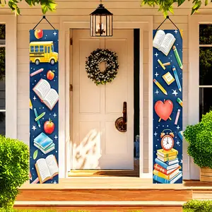 2D door flag banner, 2D flat 1 polyester door flag, themed for back to school season, featuring vibrant designs including buses, pencils, books, and apples - perfect as welcome decorations in homes and classrooms - tc