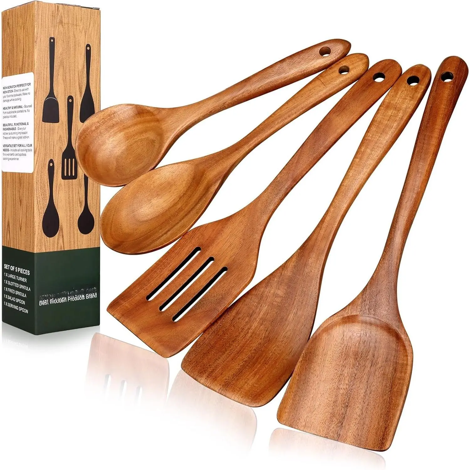 Wooden Kitchen Utensils Set 5 count Teak  - Non Scratch | Non  Cooking Tools with Turner, Slotted Spatula, Angled Spatula, Serving Spoon, Salad Spoons