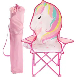 Kids Unicorn Themed Figural Folding Camp Chair, Lightweight Portable Chair with Carry Bag & Cup Holder, Indoor Outdoor Seating, 14"x14"x26"