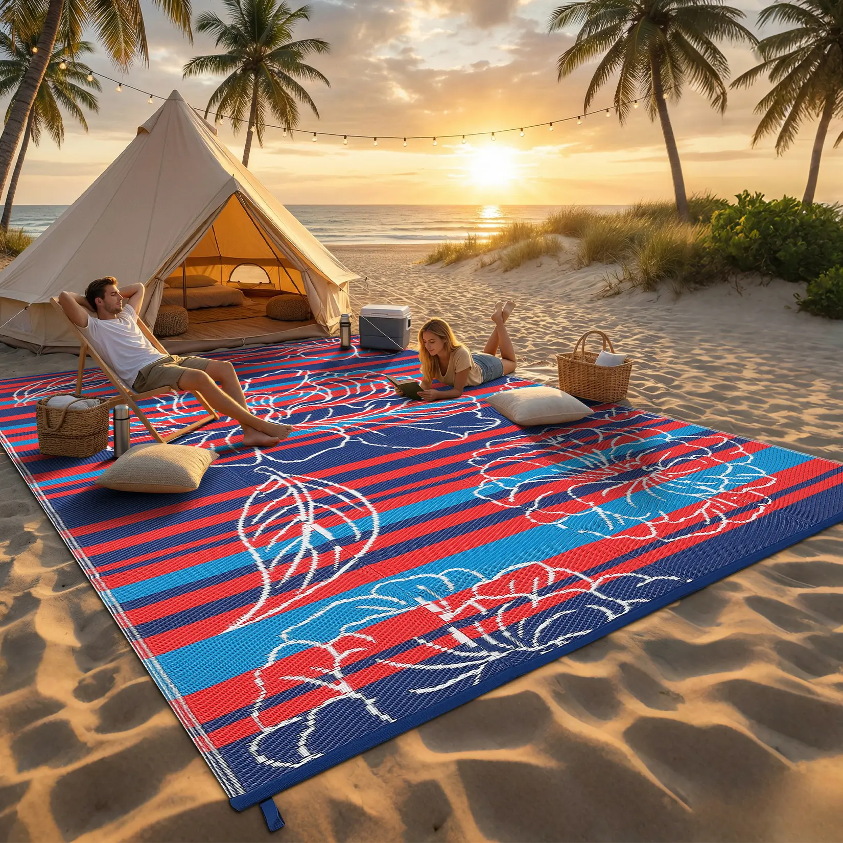 6x9 FT Reversible Outdoor Rug – Waterproof Plastic Straw Mat, Lightweight, UV Resistant, Washable – Ideal for Camping, Beach, Garden, Deck – Red/Navy/Blue/White