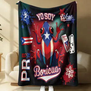 Puerto Rican Patriotic Inspired Flannel Blanket, Colorful Coqui Frog With PR Flag & Cultural Motifs Art Print Cozy Throw Blanket, Anti-Pilling Durable Fabric, Living Room & Bedroom Decor, Multiple Standard Sizes Available