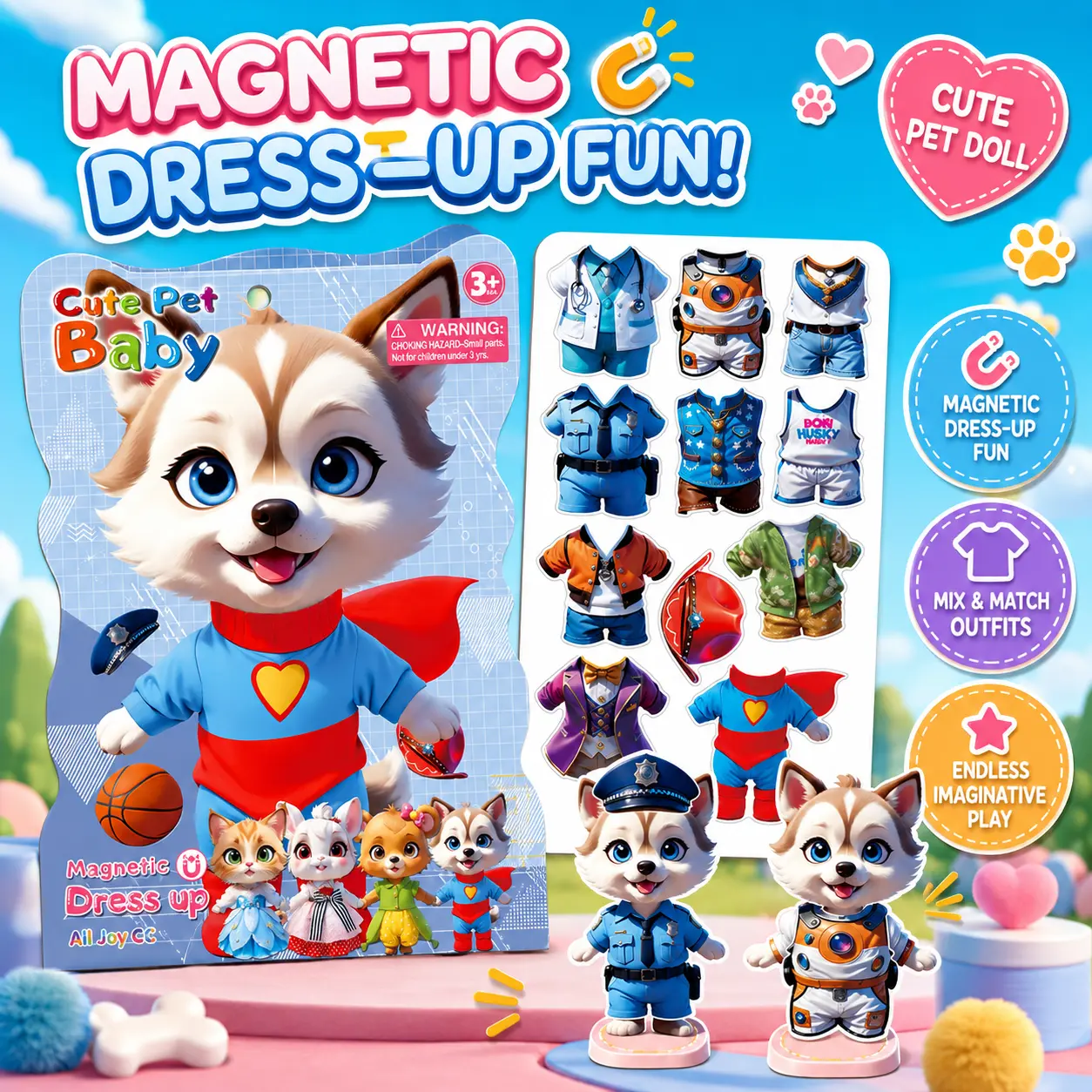Puppy Theme Magnetic Dress Up Vinyl Collectible Dolls Pretend Play Set - Strong Magnets, Manual Quiet Sensory Toy, All Seasons Travel Essential, 3-4 Years 3-9 Ages Kids Fine Motor Skill Learning Birthday Gift
