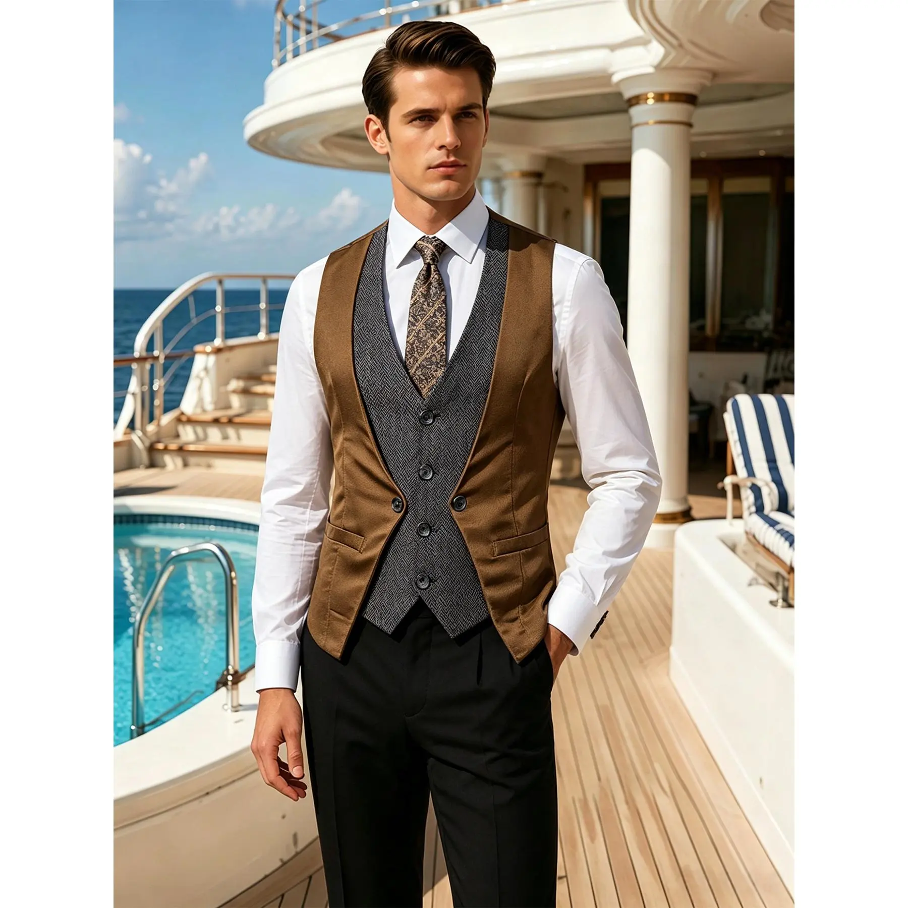 Minimalist Tailored Herringbone Patchwork Slim Vest, Wrinkle-Resistant Four-Tone Gentleman Waistcoat For All Upscale Year-Round Social Occasions