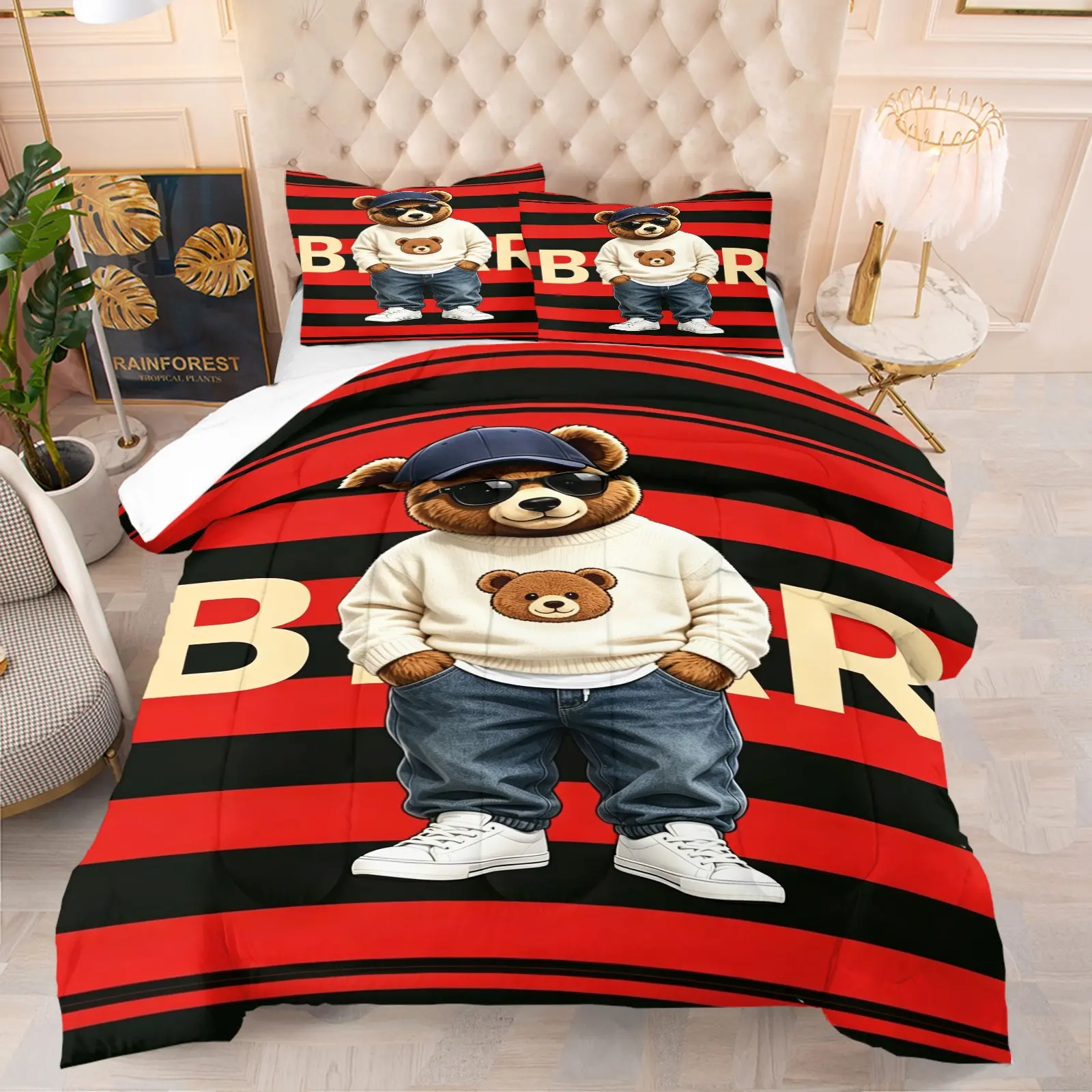 Cool and trendy teddy bear print pattern set, including 1 blanket and 1 or 2 pillowcases without pillowcases, soft children's and adult bedroom decoration gifts