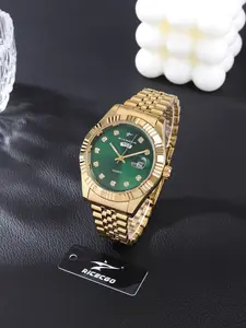 The RICECGO gold quartz watch comes with a dual calendar display, Elegant round dial, a 42mm dial adorned with diamonds, a durable strap, and a simple and elegant design suitable for multiple occasions, perfect birthday gift