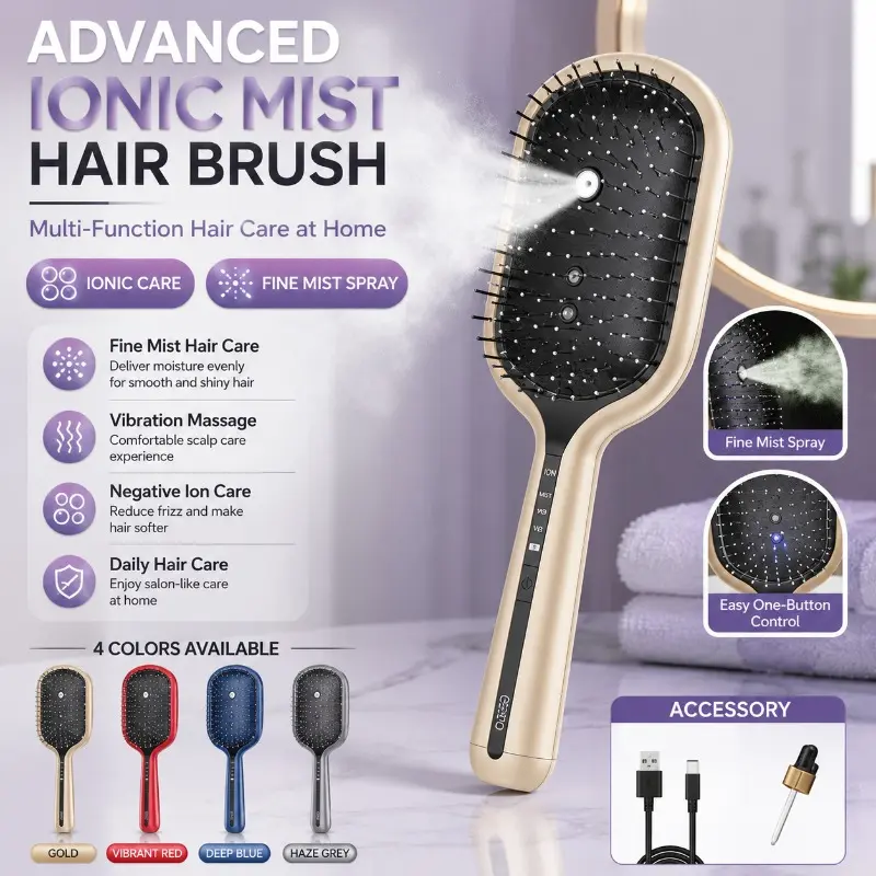 4-in-1 Ionic Mist Hair Brush with Fine Mist Spray, Vibratory Massage and Negative Ion, Multifunction Hair Combing and Styling Brush, Perfect Gift for Mothers and Lovers for Christmas and Holidays