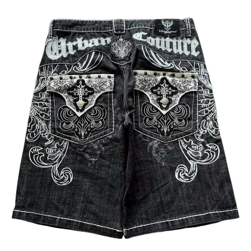 American Vintage Popular New Pattern Embroidery Baggy Denim Shorts Men Street Fashion Gothic Casual Joker Shorts Women Clothing, Trendy Summer Streetwear