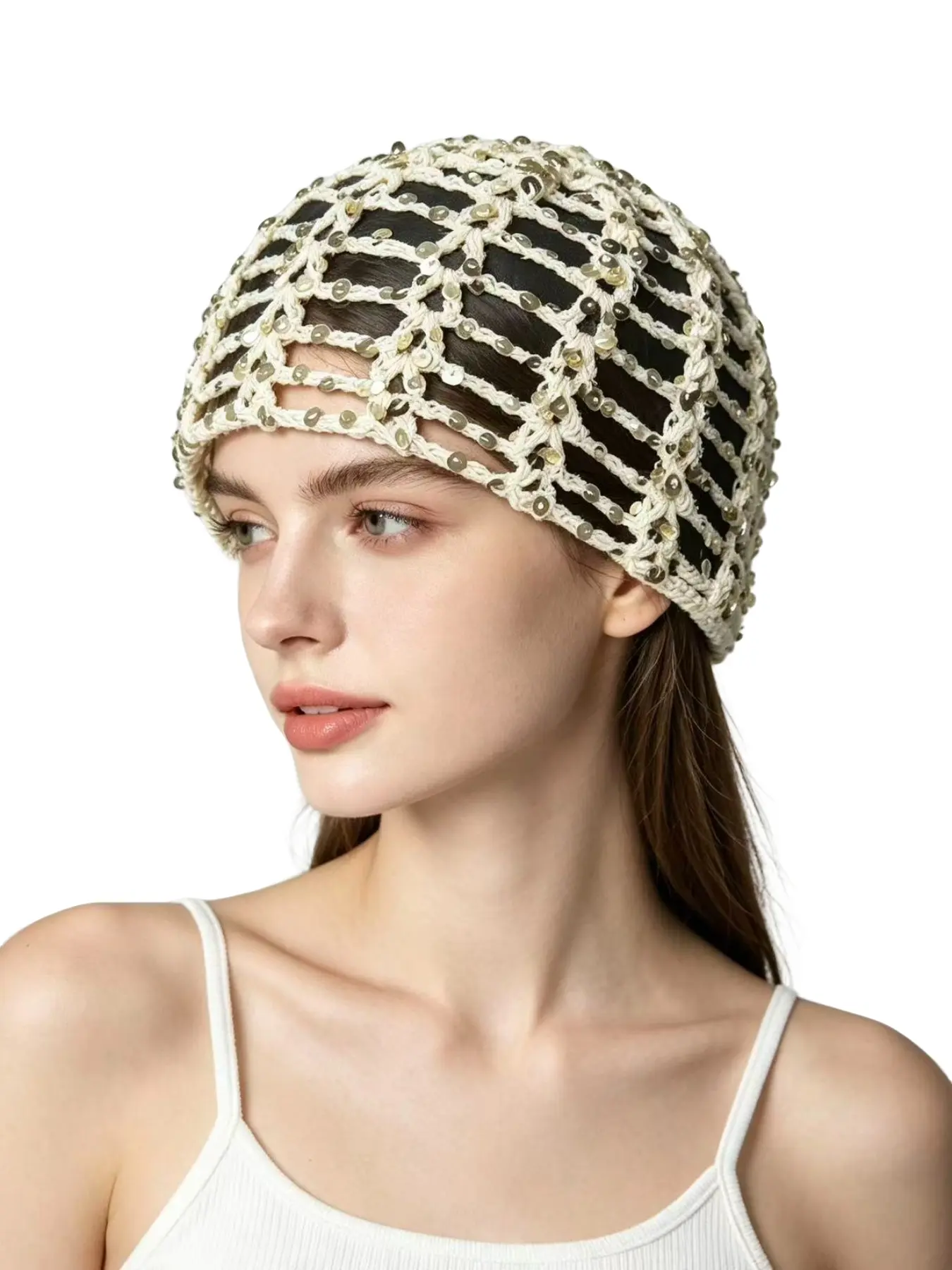 Spring Summer Lightweight Handmade Beaded Hollow Out Beanie Hat, Casual Loose-Fitting Plain Pattern Headwear for Women