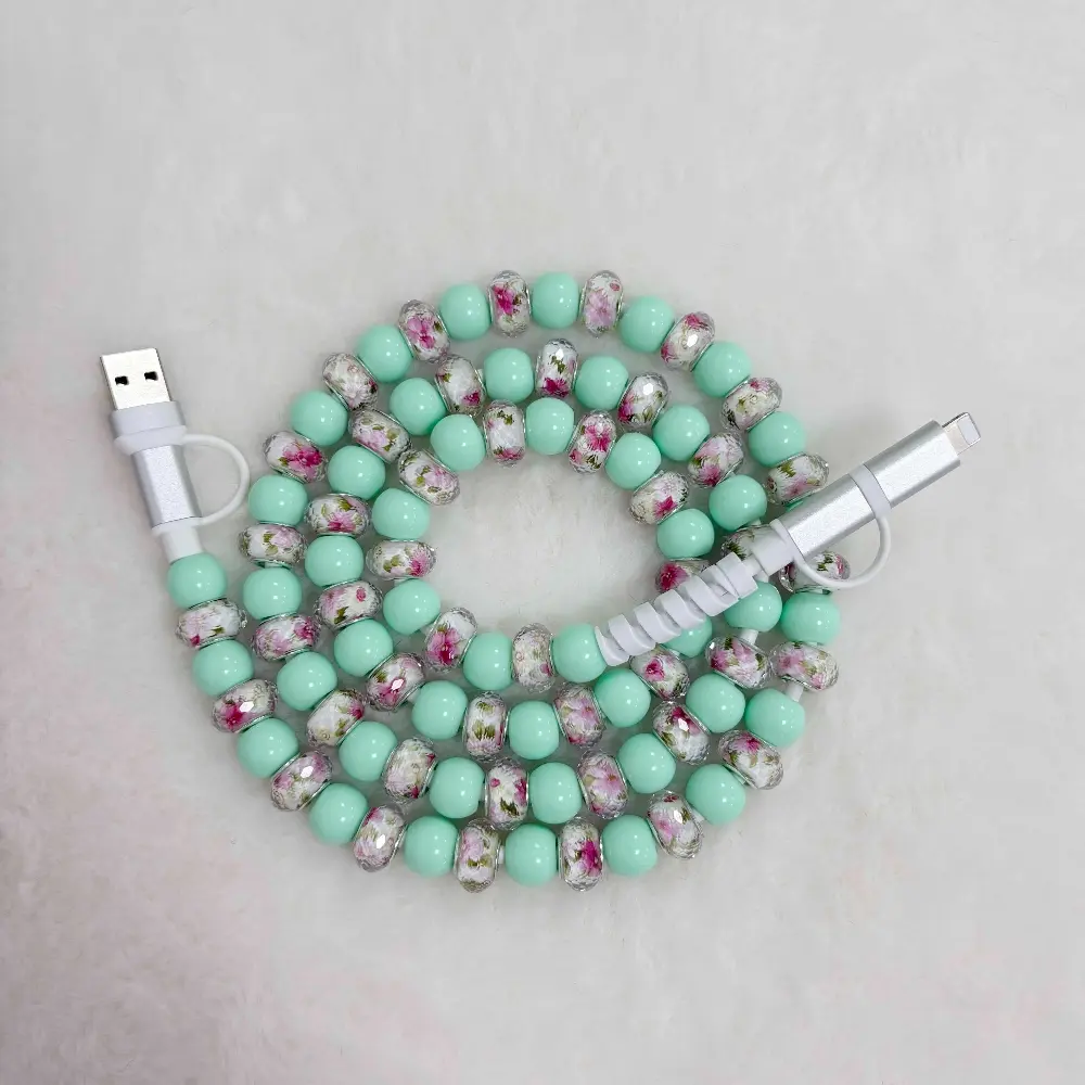 4 in 1 Acrylic Beaded Fast Charging Cable, Beaded Charging Cords, Beaded Cables, Upgraded Alloy Interface Compatible with All Devices with USB C and Lightning 3 3ft Length for Ladies Multiple Colors Great Holiday Gift
