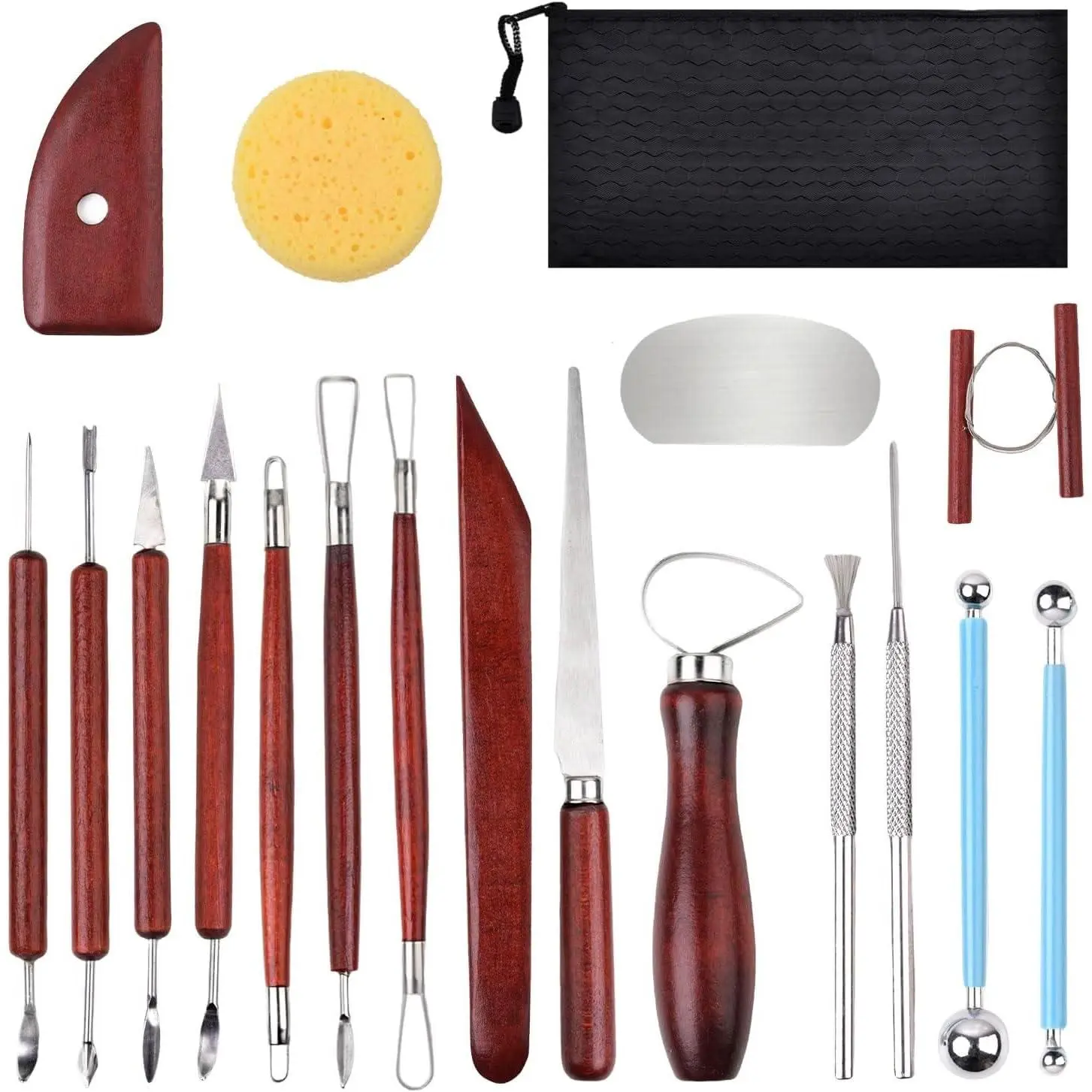 18-piece clay carving tool set, basic pottery carving tool set, equipped with wooden handles and tool bag
