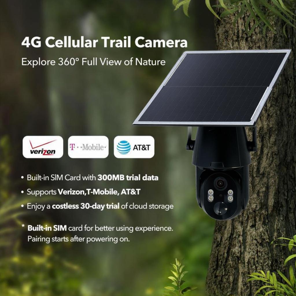 Digital Rechargeable Waterproof Solar Wireless Outdoor Security Camera - 2K HD Video, 360° Pan Tilt View & Control, 2-Way Audio, Spotlight Siren, PIR Motion Detection, Cellular 4G Data Card (Free 7 Days Data), Wall Mount Safety Connection, Black, Memory,