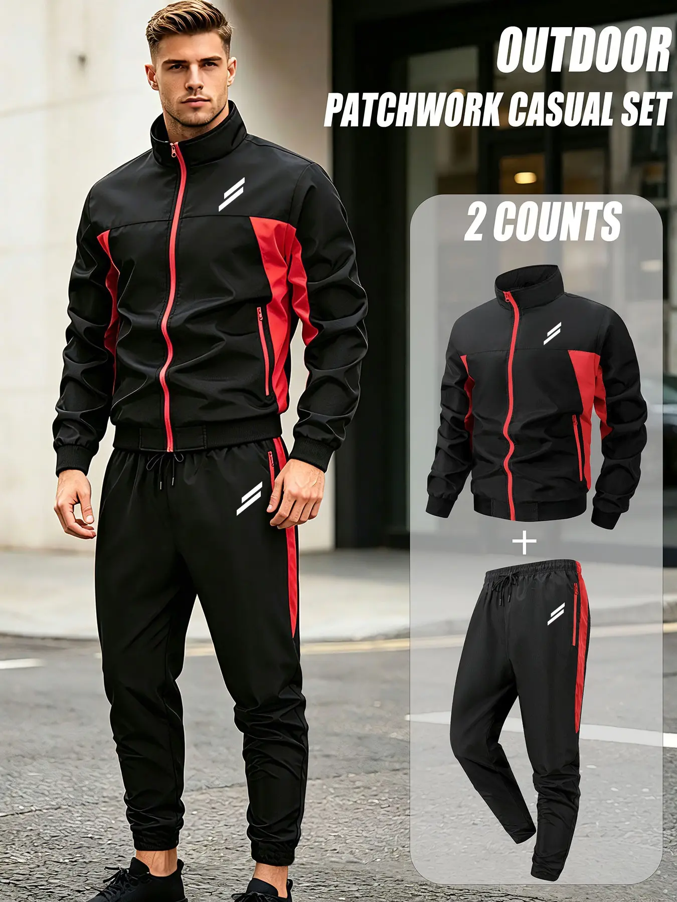Men's Fashion Spring & Fall Jacket Set, Casual Colorblock Long Sleeve Slim Fit, Business Leisure Suit, Youth Baseball Style