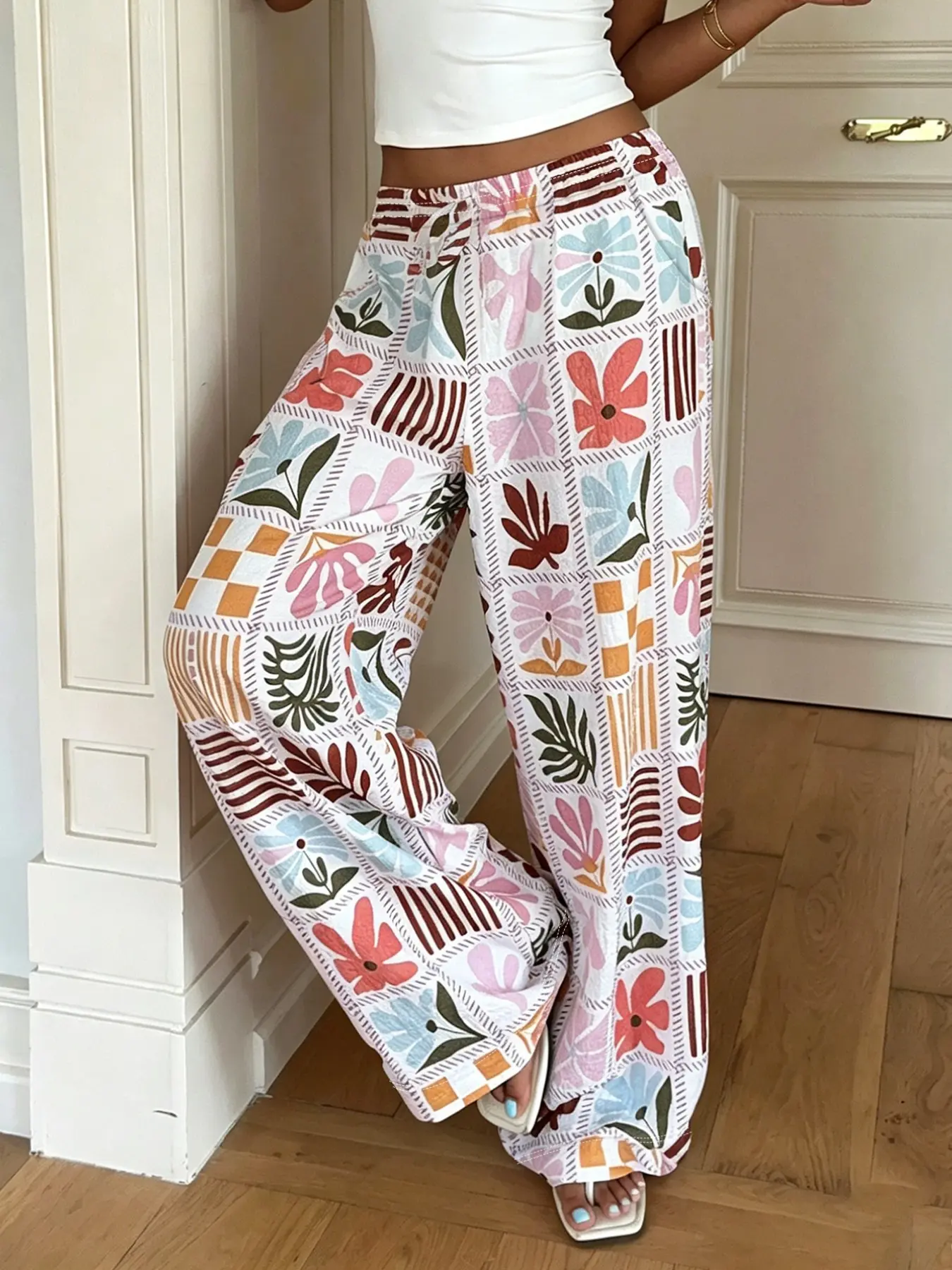 Boho Floral Print Wide Leg Pants for Women, High Waist Loose Straight Beach Pants, Lazy Style Thin Casual Trousers