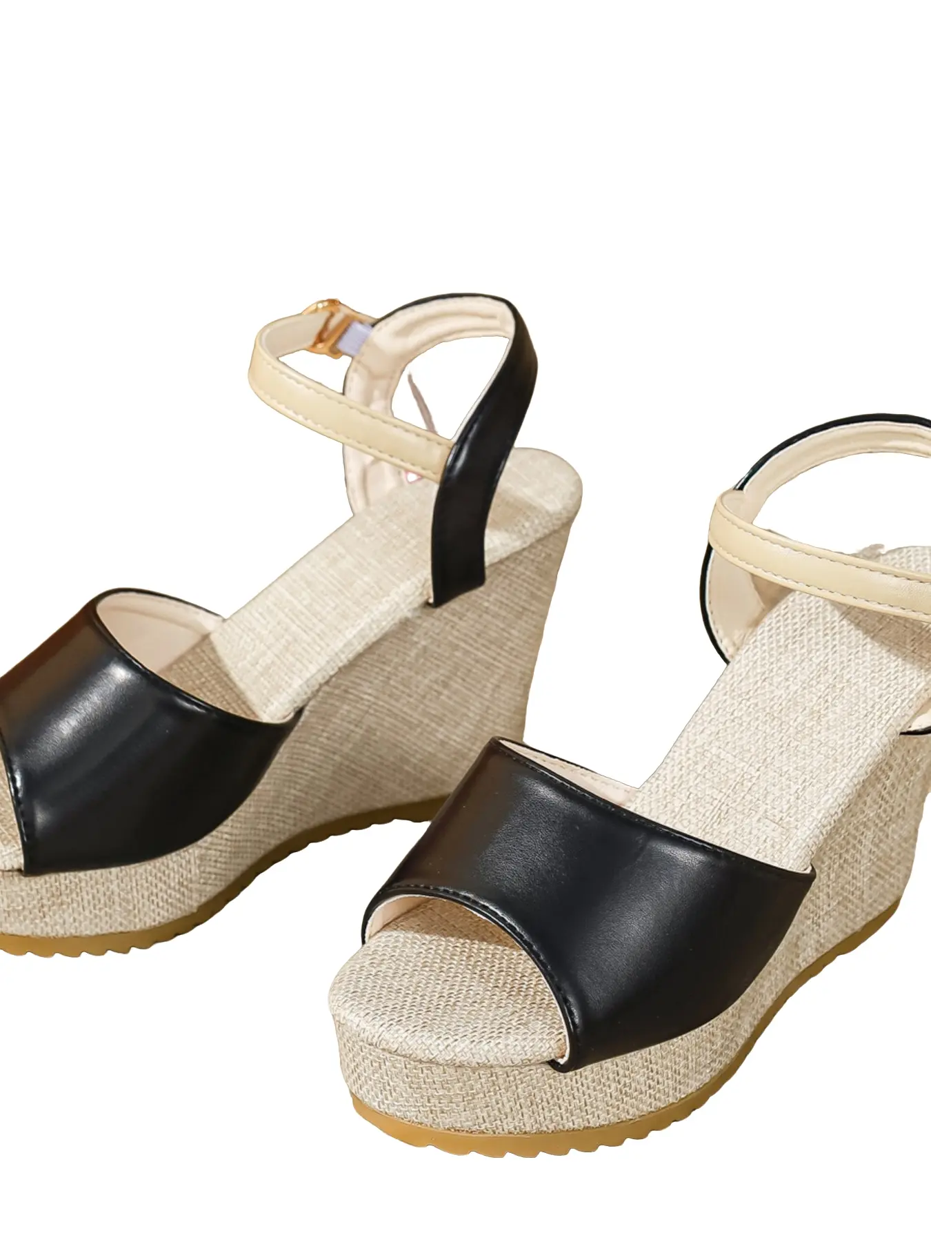 2026 New Colorblock Heeled Sandals for Women, Linen Texture Thick Sole, Height-Boosting Open-Toe Buckle Strap, Beach Vacation Versatile High Heels