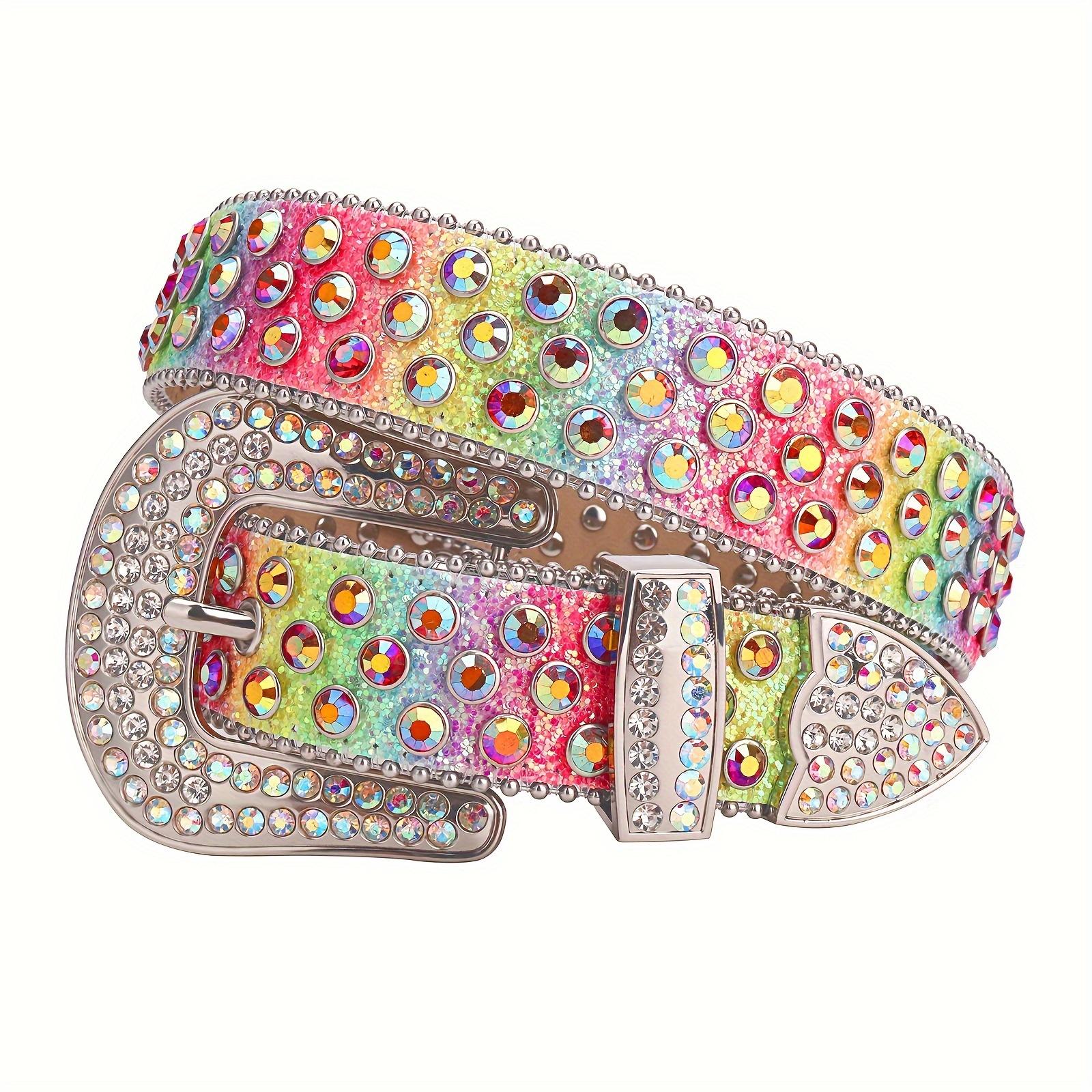 Shiny Luxury Rainbow Klein Stone Western Buckle Belt, Summer Fashion Holographic Belt, Rhinestone Cowgirl Belt, Glitter Sparkle Punk Belt for Party Dance, Daily Clothing Decoration Style cheetah print belt belts men
