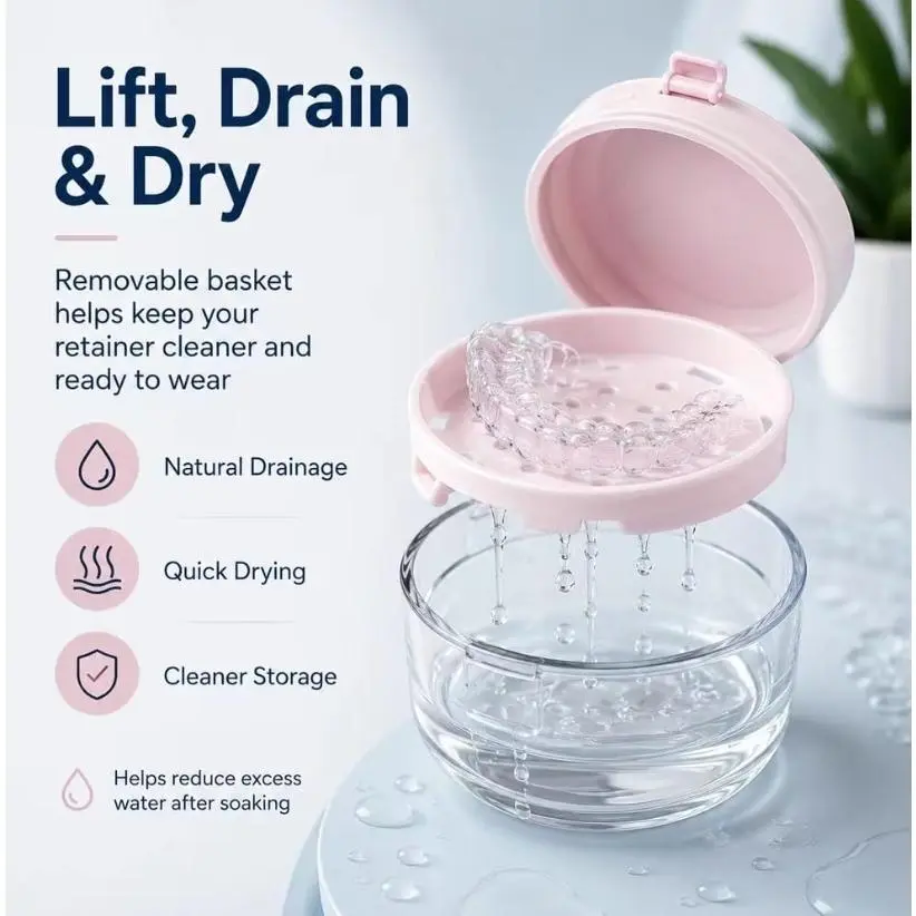 3-in-1 Retainer Care Case with Mirror, RemovableDrain Basket, Portable Aligner Storage Box forInvisalign, Dentures, Mouth Guard, TravelOrthodontic Container with Cleaning Tools